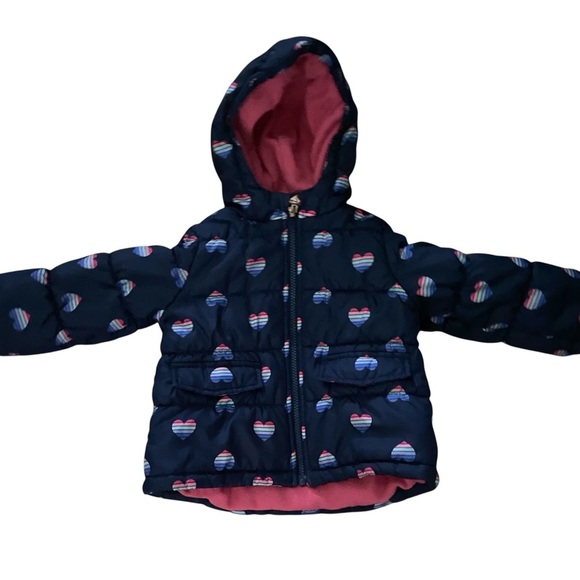 OshKosh B'gosh Rainbow Heart Pink Fleece-Lined  Puffer Hooded 24mo Jacket - Picture 1 of 10
